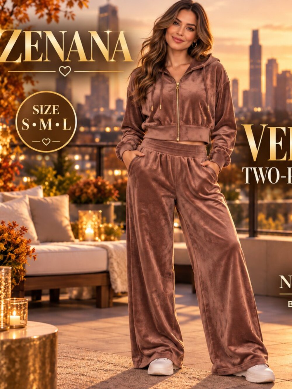 Zenana Velvet Velour Hoodie Wide Leg Pants Set Ash Mocha M NIB